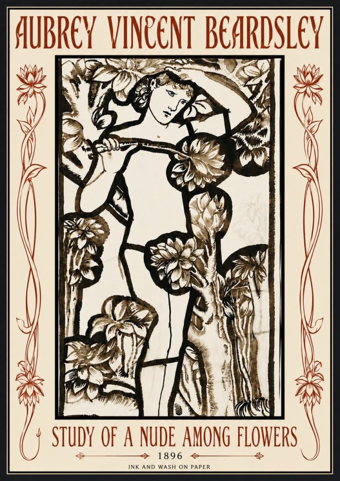 Aubrey Beardsley Study of a Nude Among Flowers No6 - Plakat
