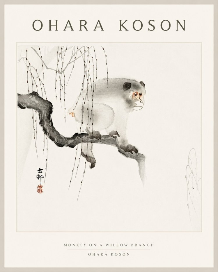 Ohara Koson Monkey on a Willow Branch No1 - Plakat