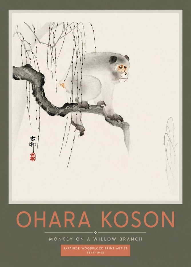 Ohara Koson Monkey on a Willow Branch No2 - Plakat