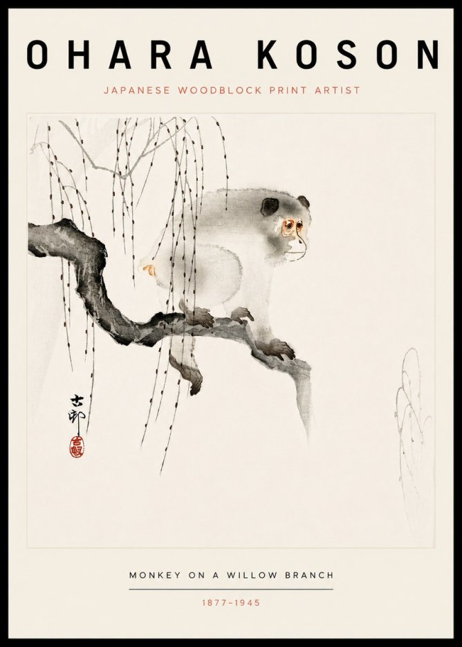 Ohara Koson Monkey on a Willow Branch No3 - Plakat