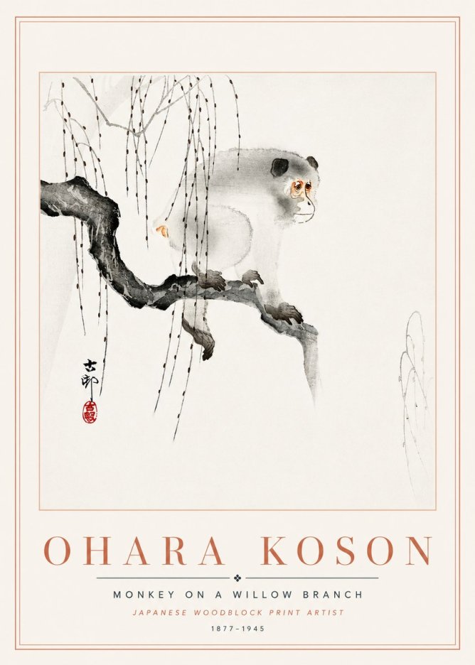 Ohara Koson Monkey on a Willow Branch No6 - Plakat