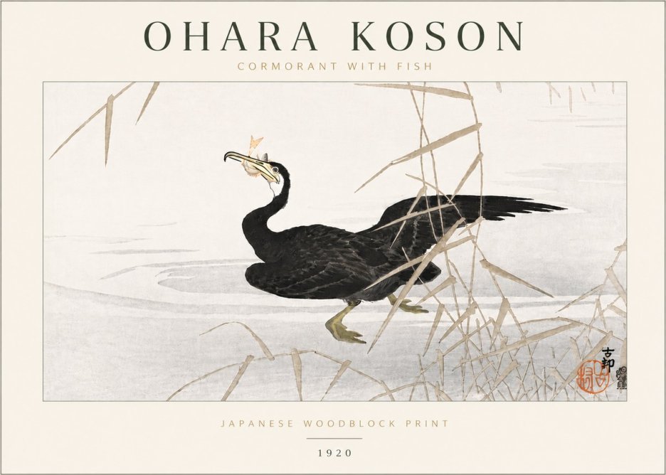 Ohara Koson Cormorant with Fish No6 - Plakat