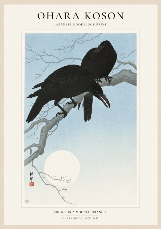 Ohara Koson Crows on a Moonlit Branch No1 - Plakat