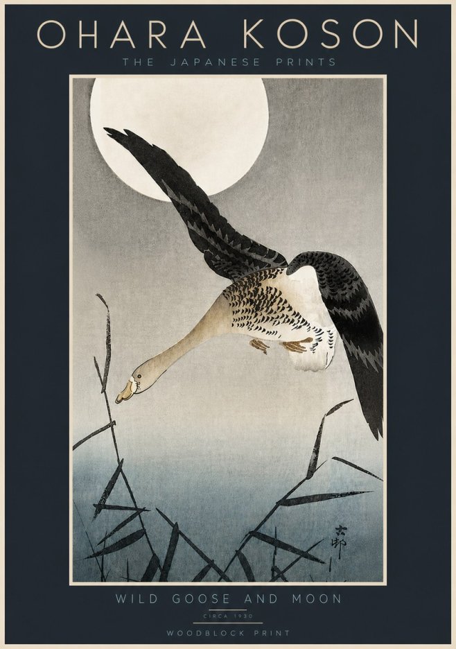 Ohara Koson Wild Goose and Moon No5 - Plakat