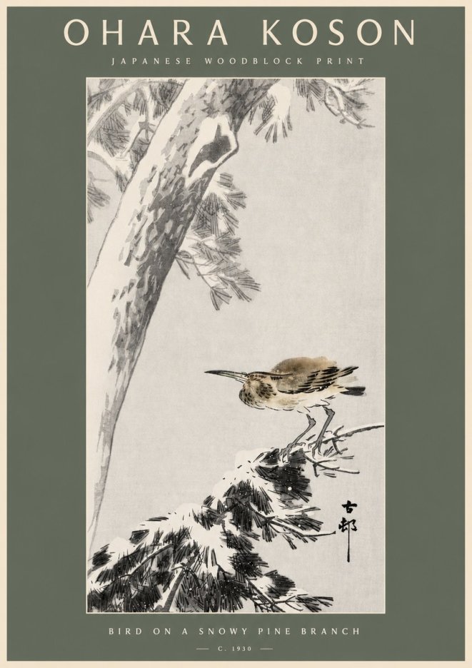 Ohara Koson Bird on a Snowy Pine Branch No2 - Plakat