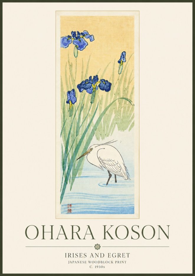 Ohara Koson Irises and Egret No3 - Plakat