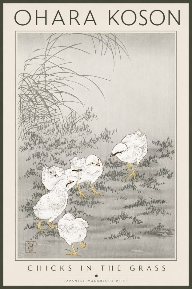 Ohara Koson Chicks in the Grass No4 - Plakat