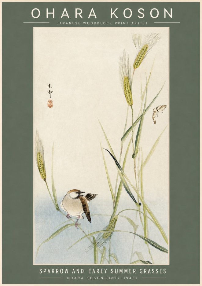 Ohara Koson Sparrow and Early Summer Grasses No2 - Plakat