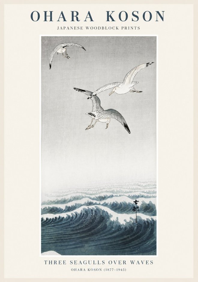 Ohara Koson Three Seagulls over Waves No1 - Plakat