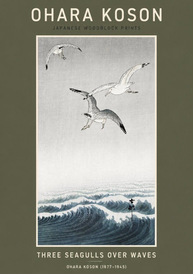 Ohara Koson Three Seagulls over Waves No3 - Plakat