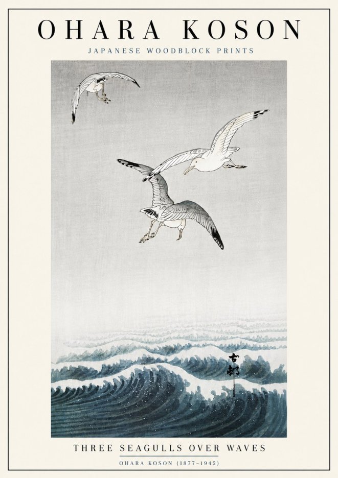 Ohara Koson Three Seagulls over Waves No6 - Plakat