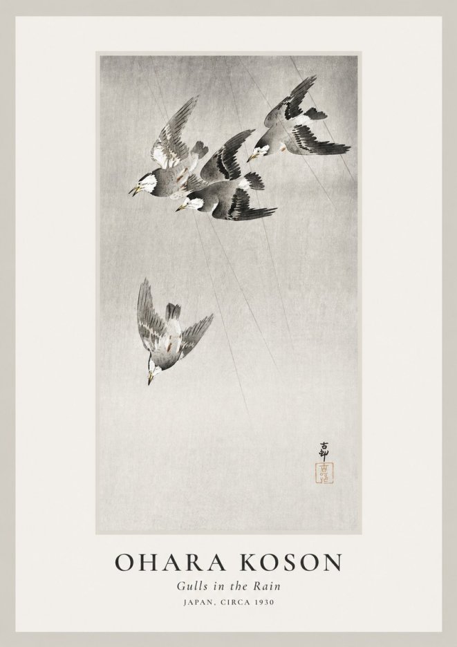 Ohara Koson Gulls in the Rain No1 - Plakat