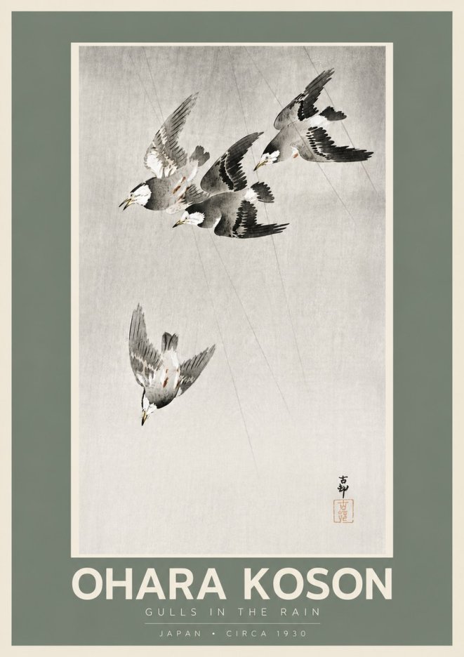 Ohara Koson Gulls in the Rain No5 - Plakat