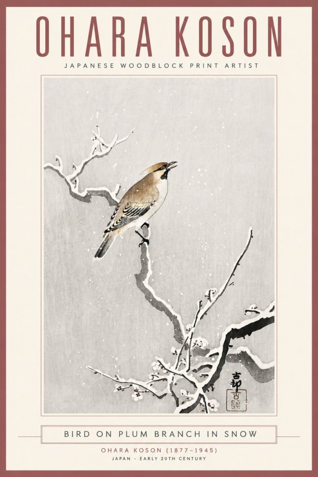 Ohara Koson Bird on Plum Branch in Snow No4 - Plakat