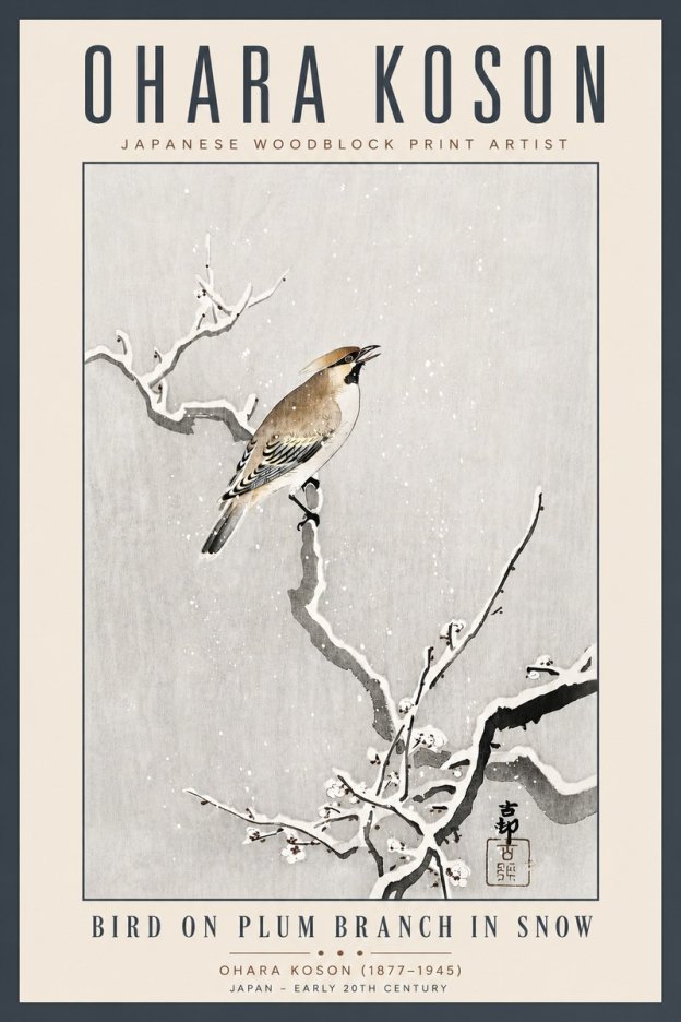 Ohara Koson Bird on Plum Branch in Snow No5 - Plakat