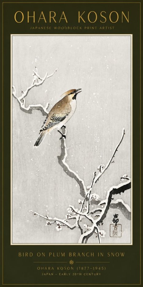 Ohara Koson Bird on Plum Branch in Snow No6 - Plakat