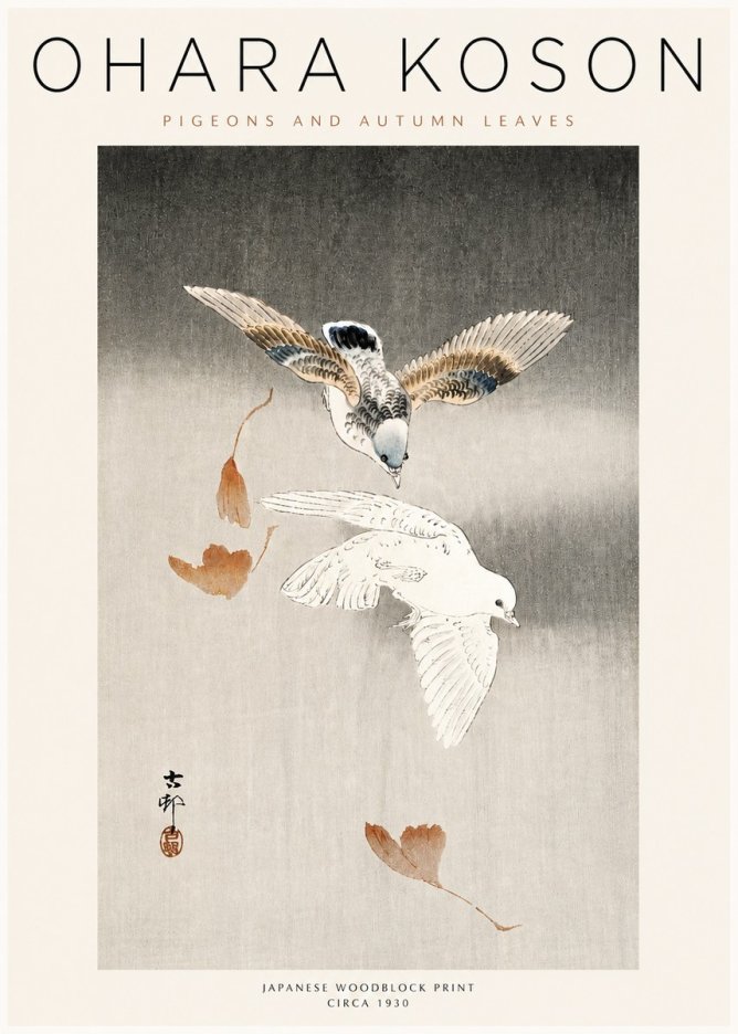 Ohara Koson Pigeons and Autumn Leaves No3 - Plakat