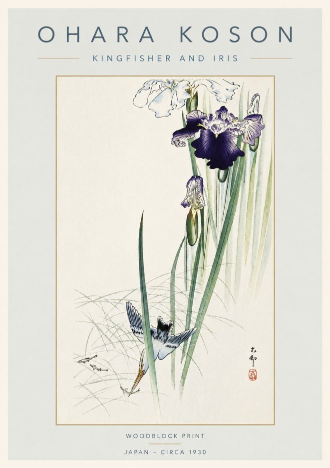 Ohara Koson Kingfisher and Iris No4 - Plakat