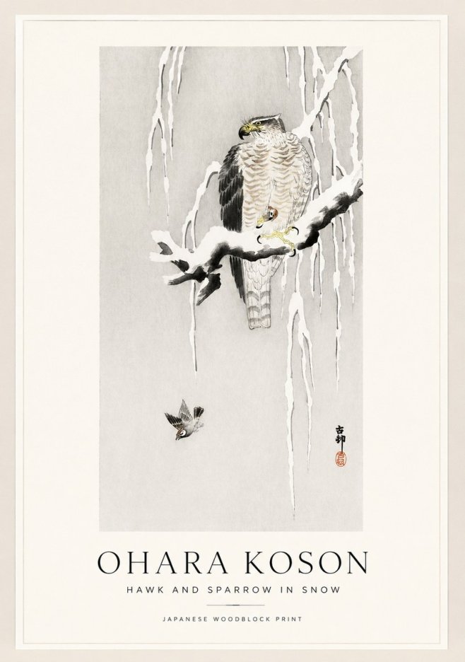 Ohara Koson Hawk and Sparrow in Snow No1 - Plakat
