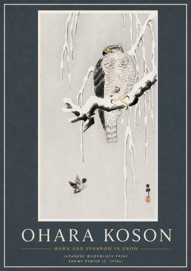 Ohara Koson Hawk and Sparrow in Snow No3 - Plakat