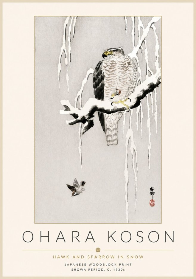 Ohara Koson Hawk and Sparrow in Snow No4 - Plakat