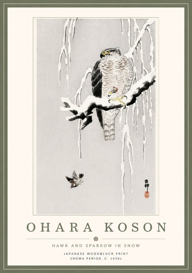 Ohara Koson Hawk and Sparrow in Snow No5 - Plakat