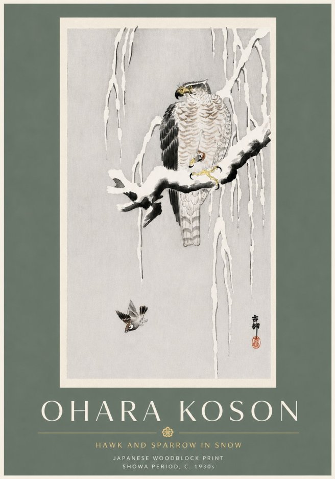 Ohara Koson Hawk and Sparrow in Snow No6 - Plakat