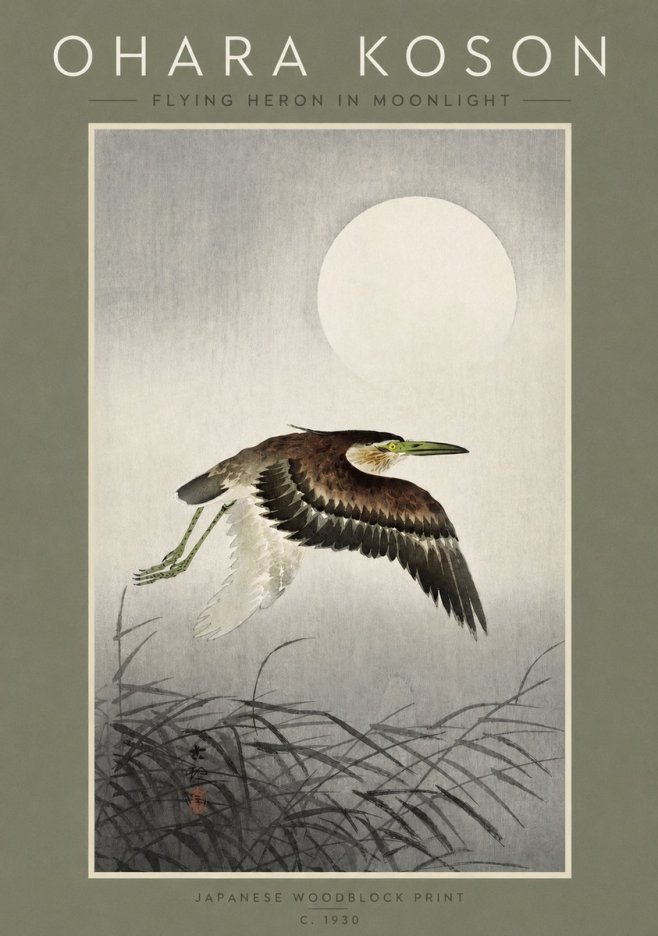 Ohara Koson Flying Heron in Moonlight No2 - Plakat