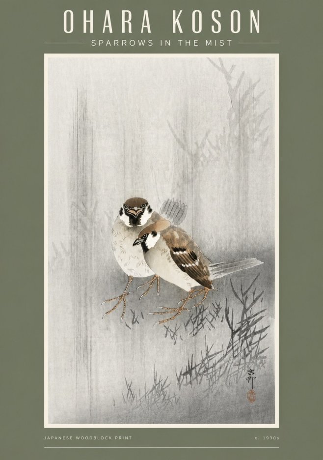 Ohara Koson Sparrows in the Mist No4 - Plakat