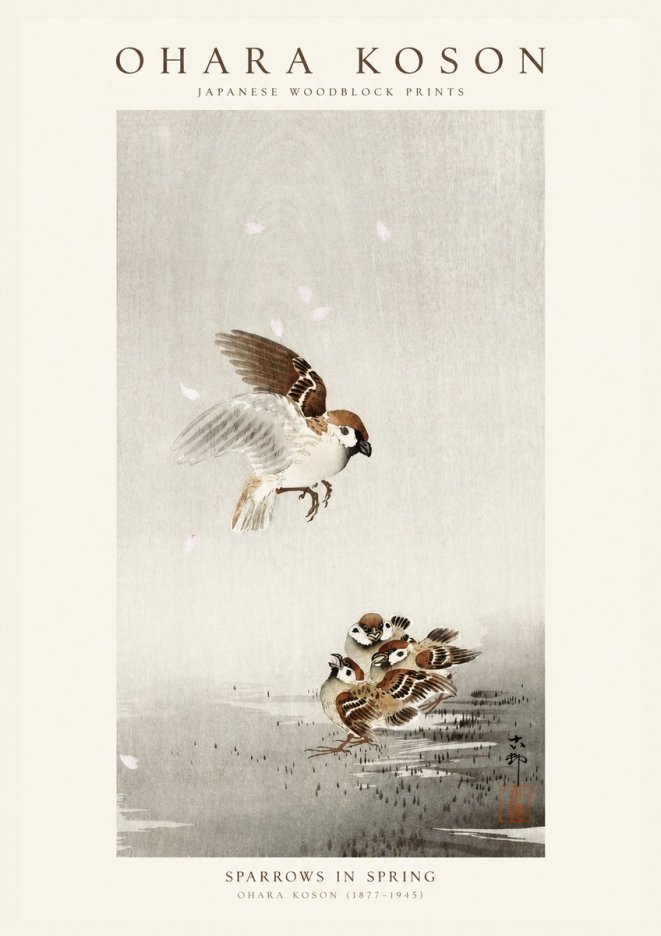 Ohara Koson Sparrows in Spring No1 - Plakat