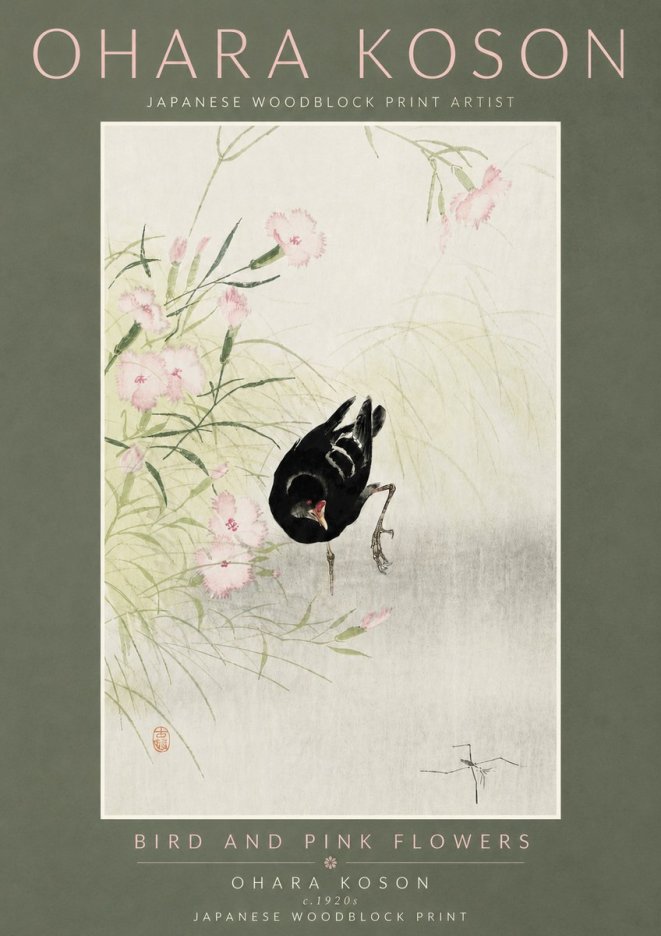 Ohara Koson Bird and Pink Flowers No5 - Plakat