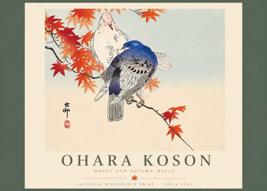 Ohara Koson Doves and Autumn Maple No4 - Plakat