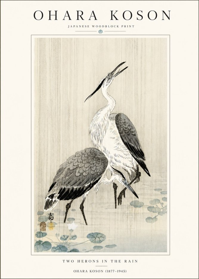 Ohara Koson Two Herons in the Rain No4 - Plakat