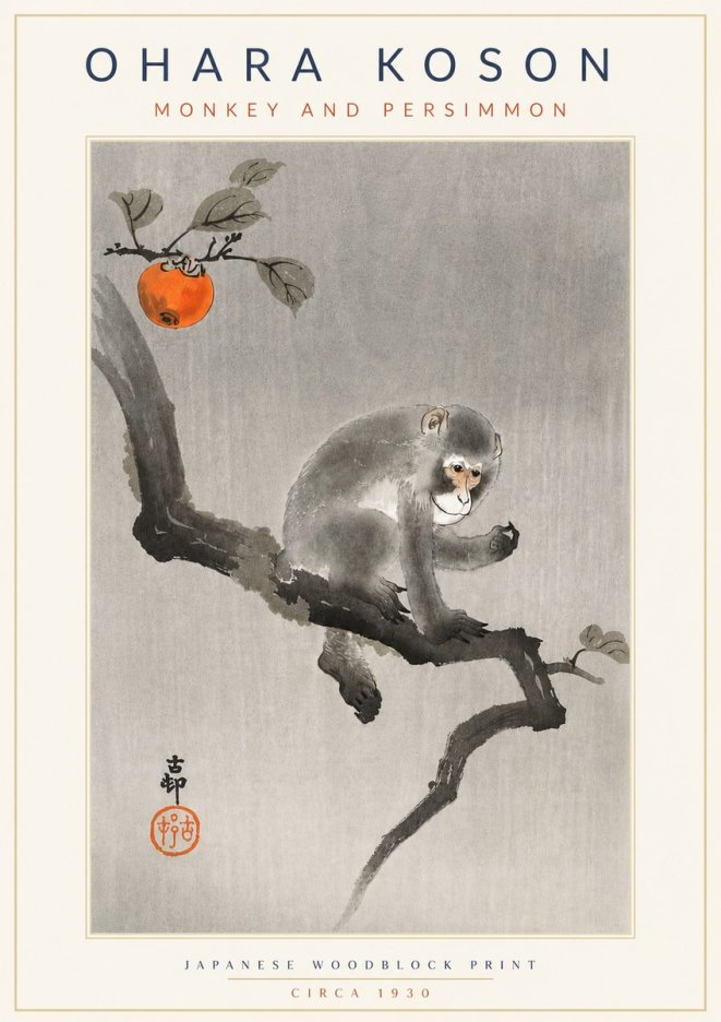 Ohara Koson Monkey and Persimmon No4 - Plakat