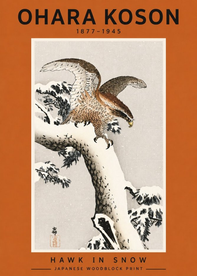 Ohara Koson Hawk in Snow No4 - Plakat