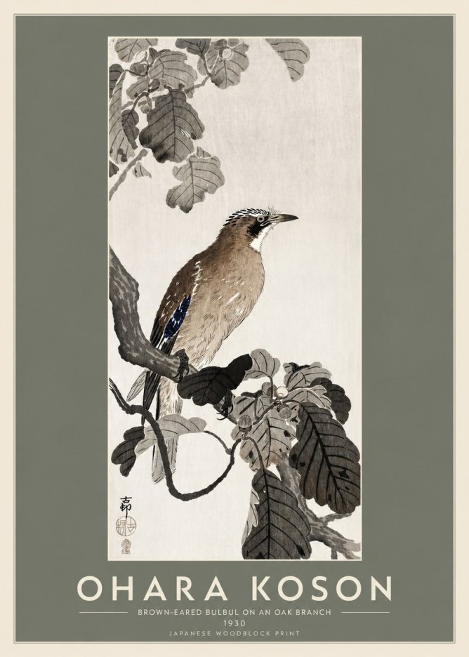 Ohara Koson Brown-eared Bulbul on an Oak Branch No2 - Plakat