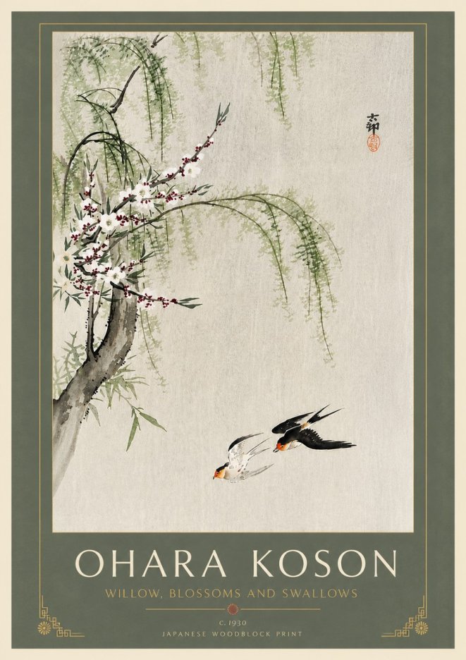 Ohara Koson Willow, Blossoms and Swallows No6 - Plakat