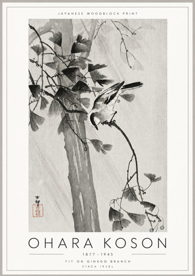 Ohara Koson Tit on Ginkgo Branch No6 - Plakat