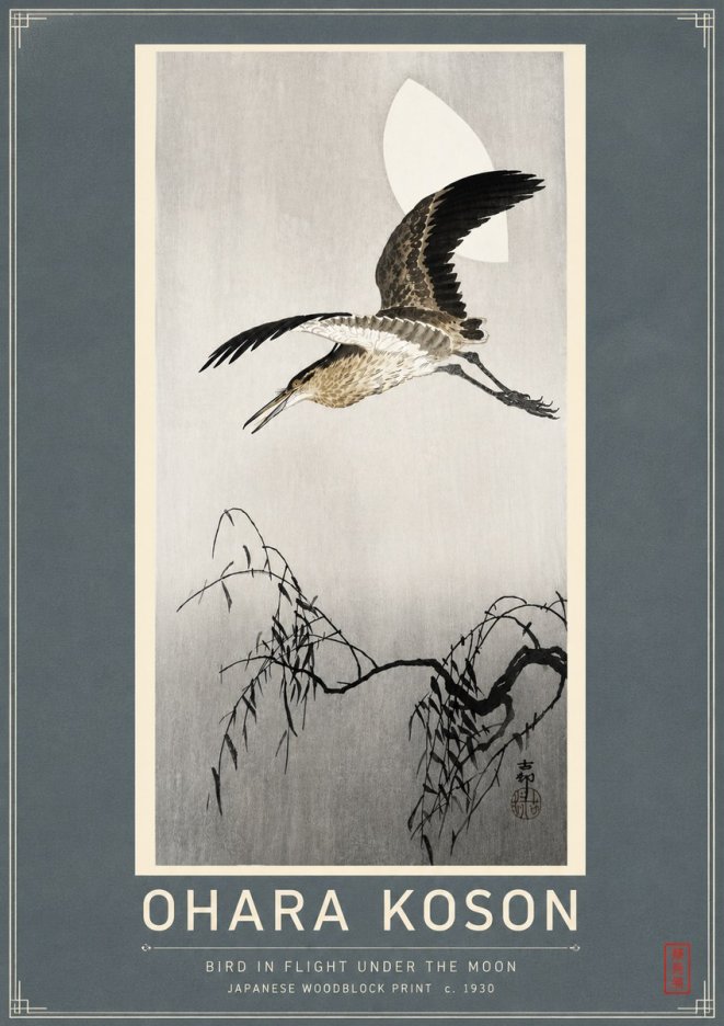 Ohara Koson Bird in Flight Under the Moon No4 - Plakat