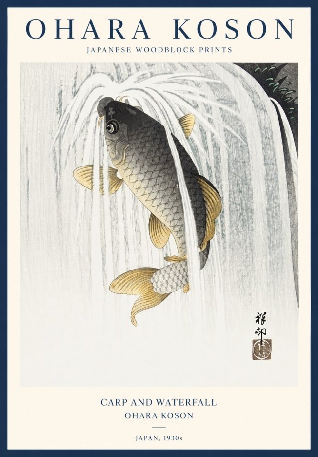 Ohara Koson Carp and Waterfall No1 - Plakat