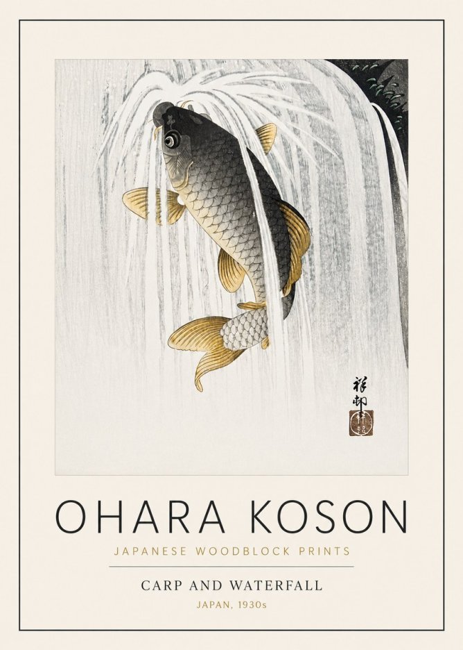 Ohara Koson Carp and Waterfall No3 - Plakat