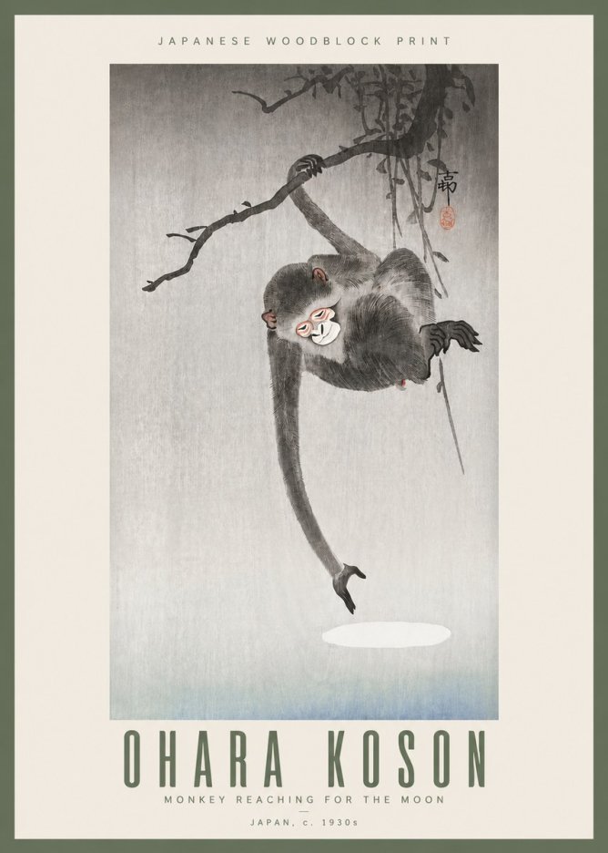 Ohara Koson Monkey Reaching for the Moon No3 - Plakat