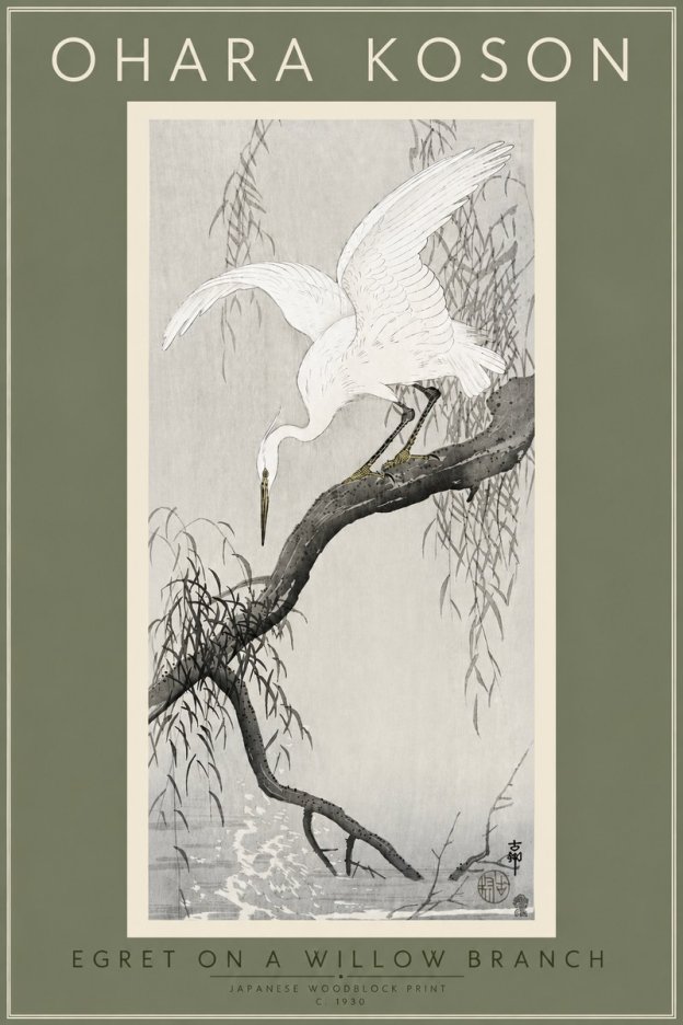 Ohara Koson Egret on a Willow Branch No4 - Plakat