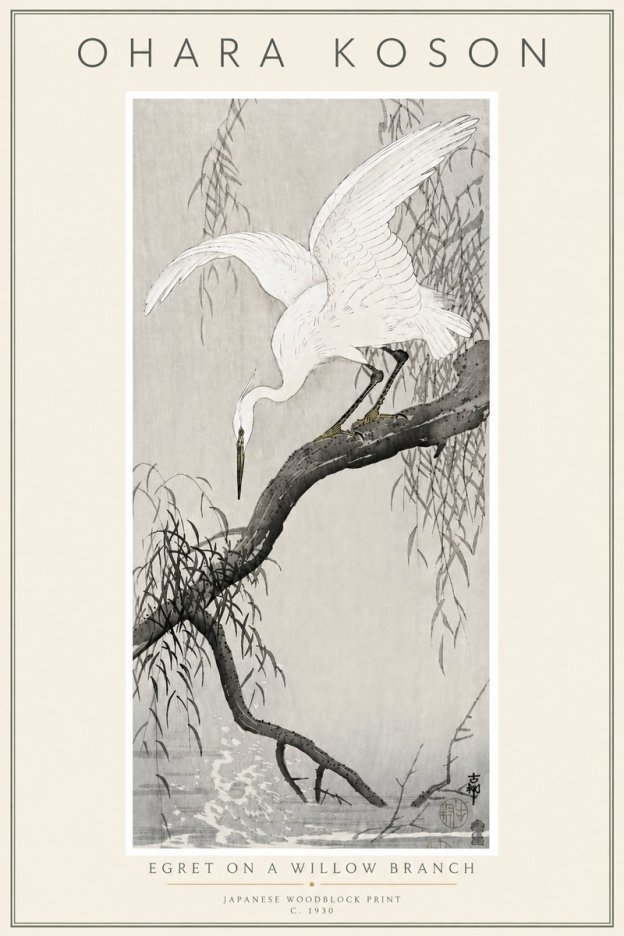 Ohara Koson Egret on a Willow Branch No6 - Plakat