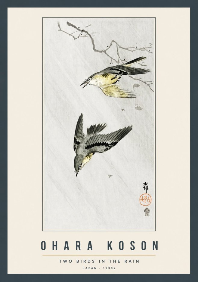 Ohara Koson Two Birds in the Rain No2 - Plakat