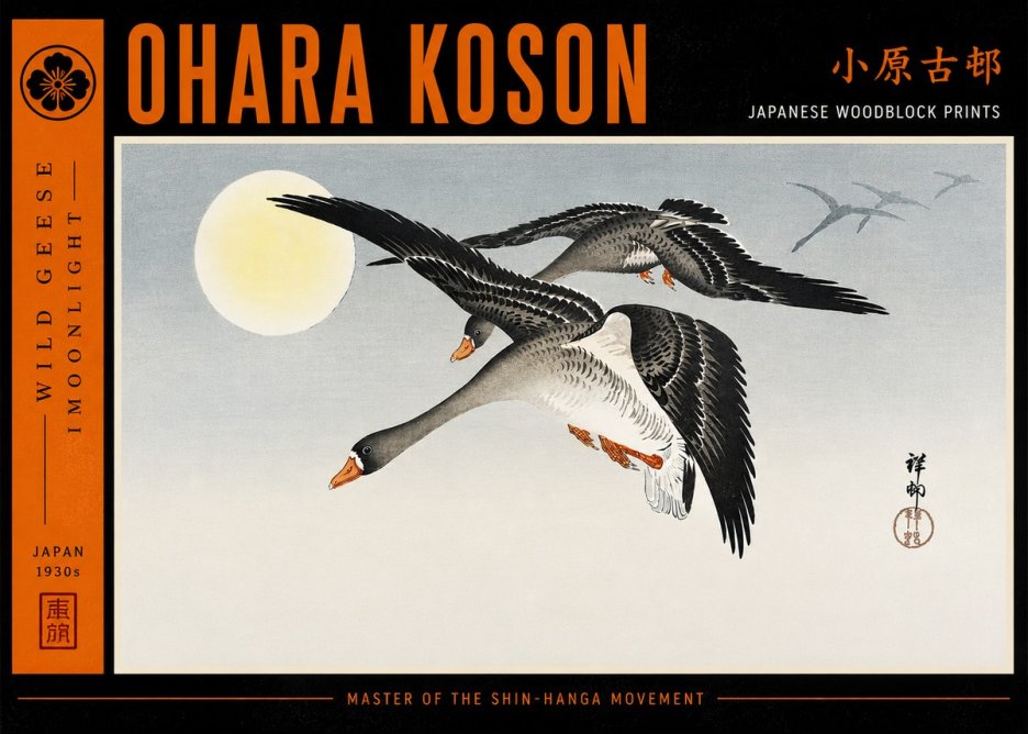 Ohara Koson Wild Geese in Moonlight III No6 - Plakat