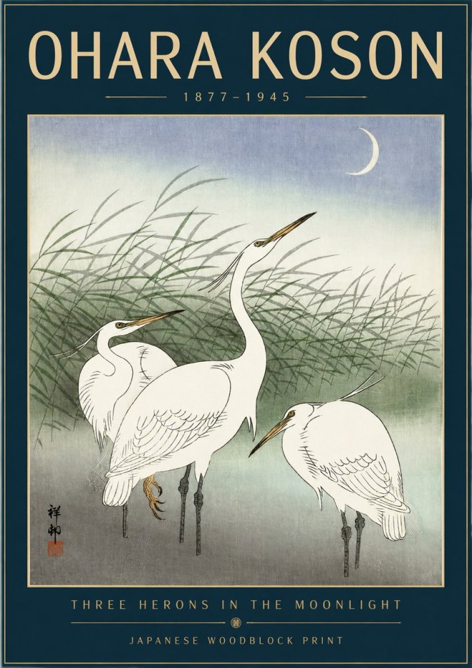 Ohara Koson Three Herons in the Moonlight No2 - Plakat