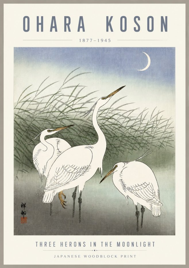 Ohara Koson Three Herons in the Moonlight No5 - Plakat