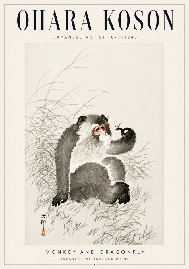 Ohara Koson Monkey and Dragonfly No5 - Plakat