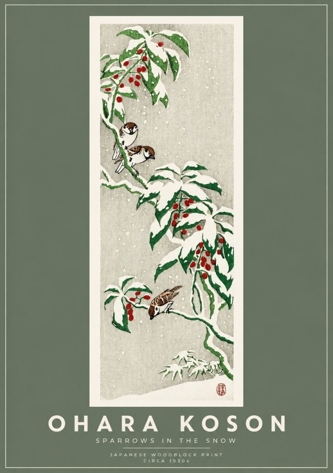 Ohara Koson Sparrows in the Snow No2 - Plakat
